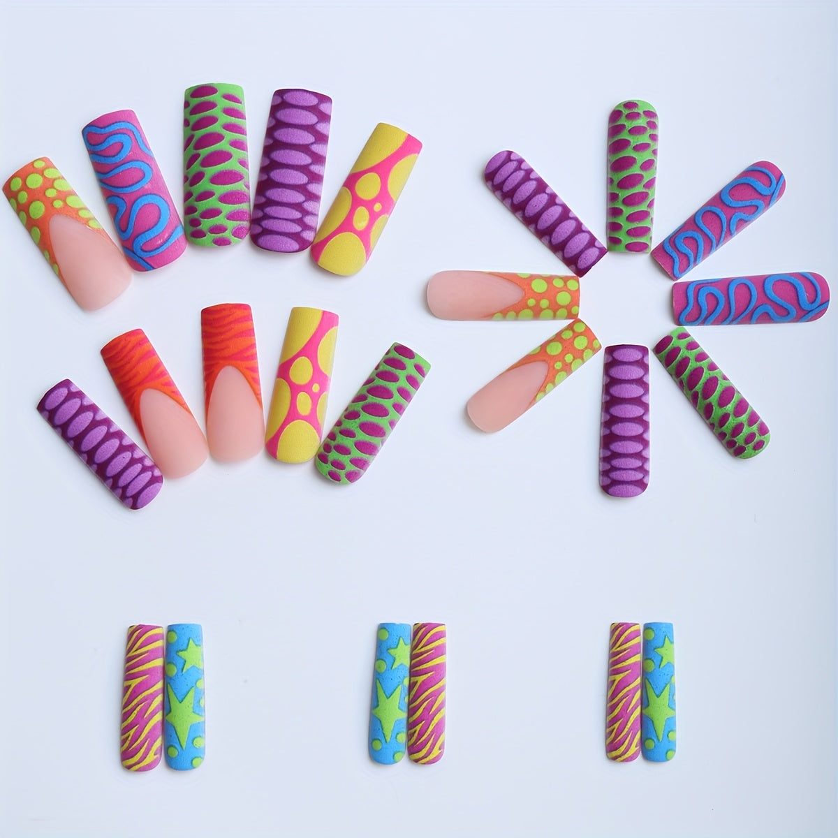 24pcs of Long Press on Nails Y2K Summer Macaron Funny Colorful Graffiti Design 3D Purple Relief Three-Dimensional Crocodile Pattern Cool Hot Girl Summer Green Five-Pointed Star Advanced Matte French Fake Nails with Jelly Glue